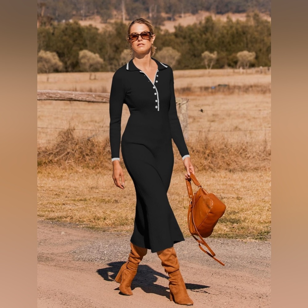 MEROKEETY Black Ribbed Knit Button V-Neck Maxi Dress ~ Size XL ~ NWT
